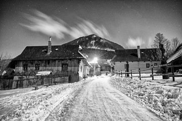 UNESCO village Vlkolinec at winter night, Slovakia