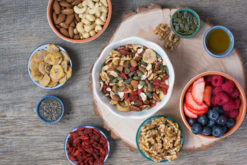 Paleo style breakfast: gluten free and oat free muesli made with nuts, dried berries and fruits, top view