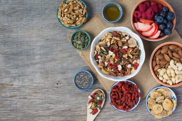 Paleo style breakfast: gluten free and oat free muesli made with nuts, dried berries and fruits, top view