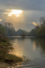 beautiful sunrise on the river in autumn