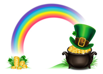 St.Patrick's Day symbols-Pot Of Gold and leprechaun hat. St.Patrick's Day background, Magical Treasure. Vector illustration.