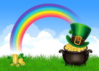 St.Patrick's Day symbols-Pot Of Gold and leprechaun hat. St.Patrick's Day background, Magical Treasure. Vector illustration.