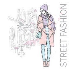 Beautiful girl in a coat with a cap and a scarf. Stylishly dressed woman. Vector fashion illustration.