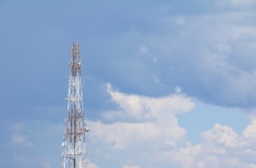 Telecommunication tower with antennas communication, telecom radio  telephone mobile phone on sky background