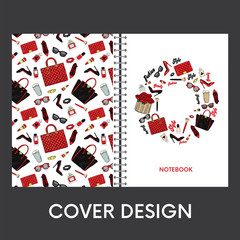 Ready design covers for notebooks with fashionable accessories. Background of shoes, handbags, and perfume. Vector illustration.