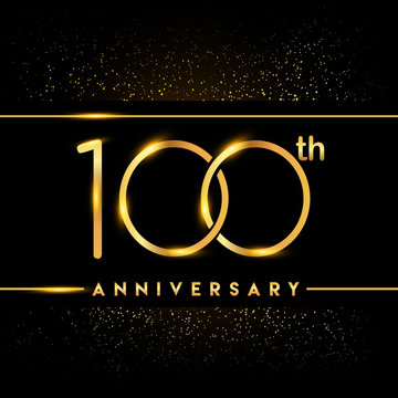 Celebrating Of 100 Years Anniversary, Logotype Golden Colored Isolated On Black Background And Confetti, Vector Design For Greeting Card And Invitation Card