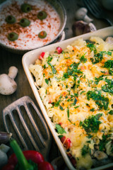 Baked macaroni chicken mushrooms
