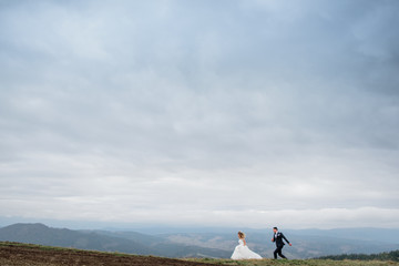 Obraz premium The charming brides running along field