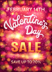 Valentines day sale poster template on abstract pink bokeh background with hearts, stars and circles. Discount banner with 3d white hand lettering text. Font vector illustration. EPS10