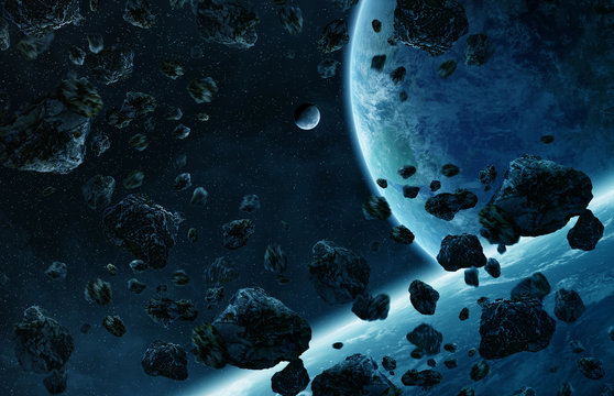 Distant planet system in space 3D rendering