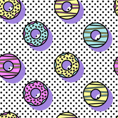 Seamless vector pattern of donuts in style of 90's on geometric background.