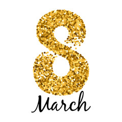 8 march women's day greeting card. Gold glitter.