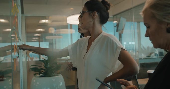 Business team brainstorming and discussing ideas on sticky notes attached to glass wall. Three business women having a meeting in office.