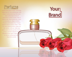 Perfume cosmetics and perfume ads template. Silver bottle sparkling background. Realistic red roses decor. 3d Vector illustration