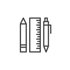 Pen, pencil and ruler line icon, outline vector sign, linear style pictogram isolated on white. Stationery symbol, logo illustration