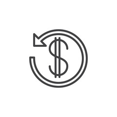 Dollar sign with arrow around line icon, outline vector sign, linear style pictogram isolated on white. Cashback symbol, logo illustration