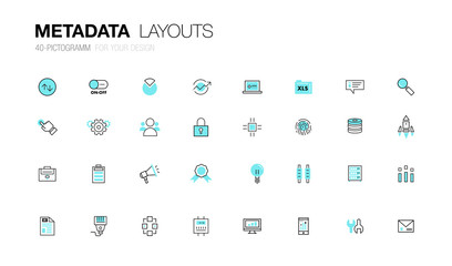 Metadata trendy modern thin line icons set development  analysis and server operations. Original pack with linear pictogram collection of future for web design in slim style.