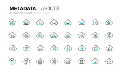 Metadata trendy modern thin line icons set development  analysis and server operations. Original pack with linear pictogram collection of future for web design in slim style.