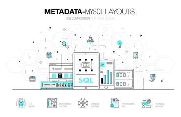 Metadata trendy modern mysql layouts thin line composition, server analysis and internet operations. Made in awesome geometry style with linear pictogram of future for web design.