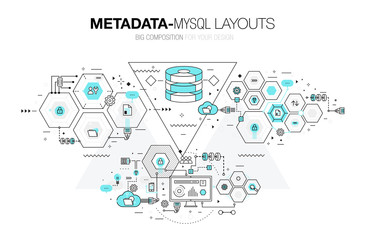 Metadata trendy modern mysql layouts thin line composition, server analysis and internet operations. Made in awesome geometry style with linear pictogram of future for web design.