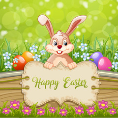 Cute Easter greeting card with bunny Easter ,eggs and flowers on wooden sign and green background 