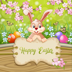 Cute Easter greeting card with bunny Easter ,eggs and flowers on wooden sign and green background 