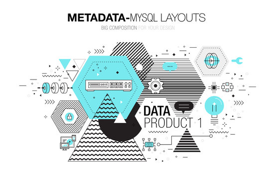 Metadata trendy modern mysql layouts thin line composition, server analysis and internet operations. Made in awesome geometry style with linear pictogram of future for web design.