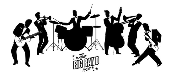 Jazz Swing Orchestra. Silhouettes vector illustration. 50's or 60's style musicians - obrazy, fototapety, plakaty