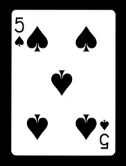 Five of spades playing card, isolated on black background.