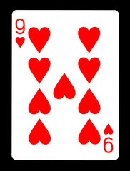 Nine of hearts playing card, isolated on black background.