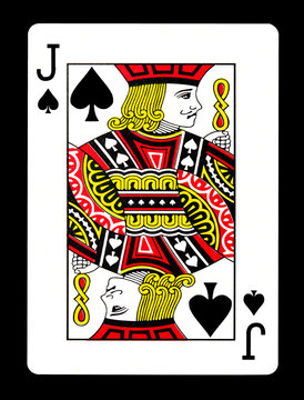 Jack of spades playing card, isolated on black background.