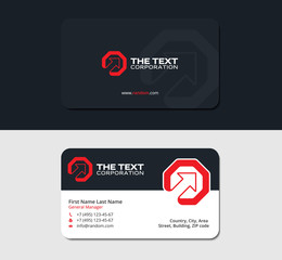business card, octagon and up arrow, red color, brand and branding, dark background