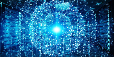 Abstract network on server room data center 3D rendering