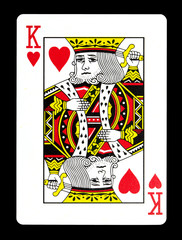 King of hearts playing card, isolated on black background. - obrazy, fototapety, plakaty