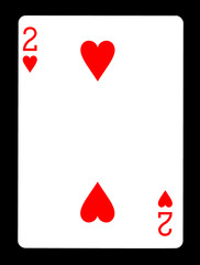 Two of hearts playing card, isolated on black background.