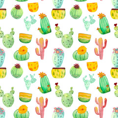 Watercolor cactus seamless pattern. Colorful vibrant cactus succulents
