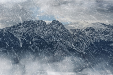 Snowstorm and views of the peak giewont from Zakopane City