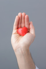 Fototapeta premium man in white shirt holds in hands red heart on gray background. 