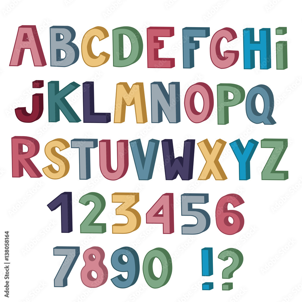 Fototapete Set of cute colored letters and numbers with 3d effect isolated on white background.