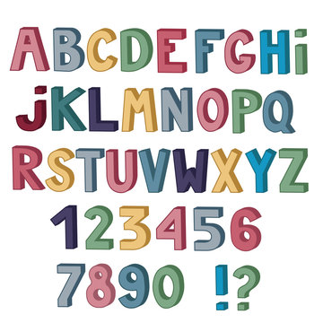 Set of cute colored letters and numbers with 3d effect isolated on white background.