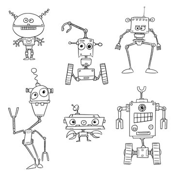 Set of Crazy Cartoon Vector Robot Characters