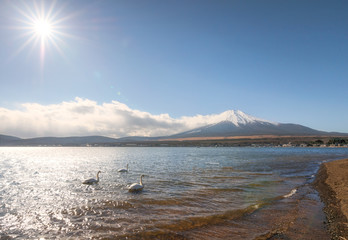 Mount fuji-san in moring at lake yamanaka in japan