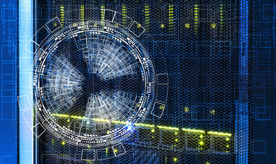 abstract futuristic background over the disk storage of the supercomputer