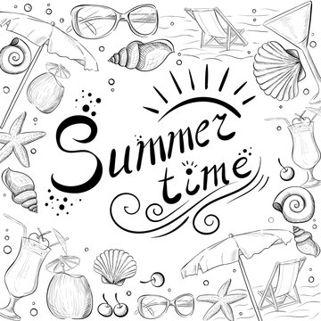 Hand drawn summer time icons set. Travel collection. summer time - handwritten quote calligraphy