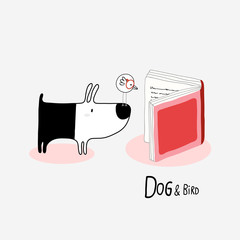 Dog & Bird reading a book, vector illustration