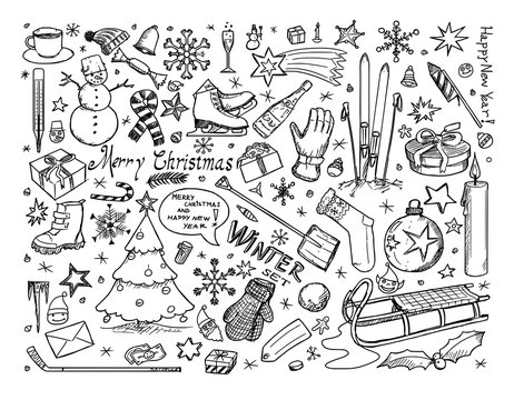 Set of Vector Winter or Christmas Icons Drawings Doodles