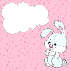 Cute rabbit on a pink background. Greeting card with place for congratulations. Vector.
