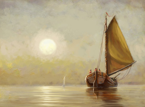Boat, sea,sun,oil paintings