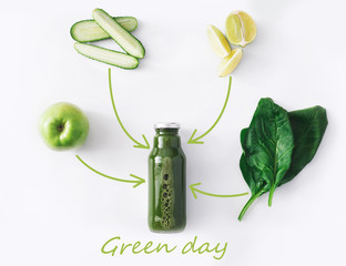 Natural detox green smoothie ingredients isolated on white background