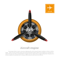 Aircraft engine in realistic style. Motor with propeller on white background